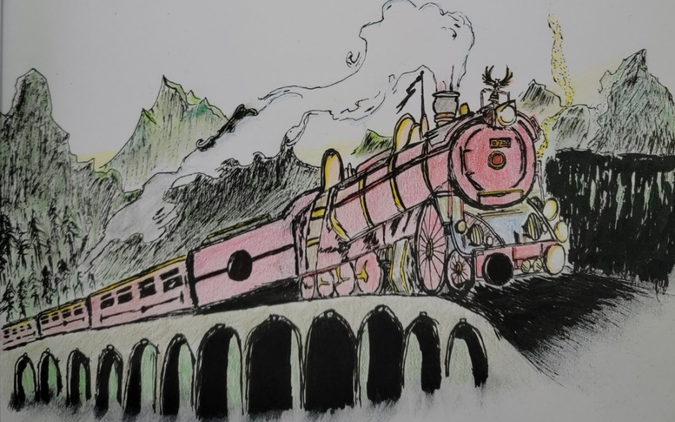 哈利波特harrypotter手绘图毛笔签字笔彩铅城堡霍格沃兹火车