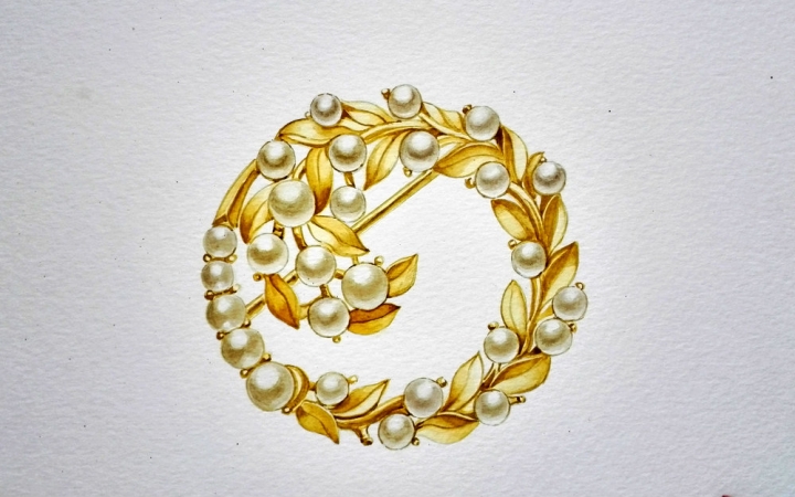 水彩手绘珍珠胸针