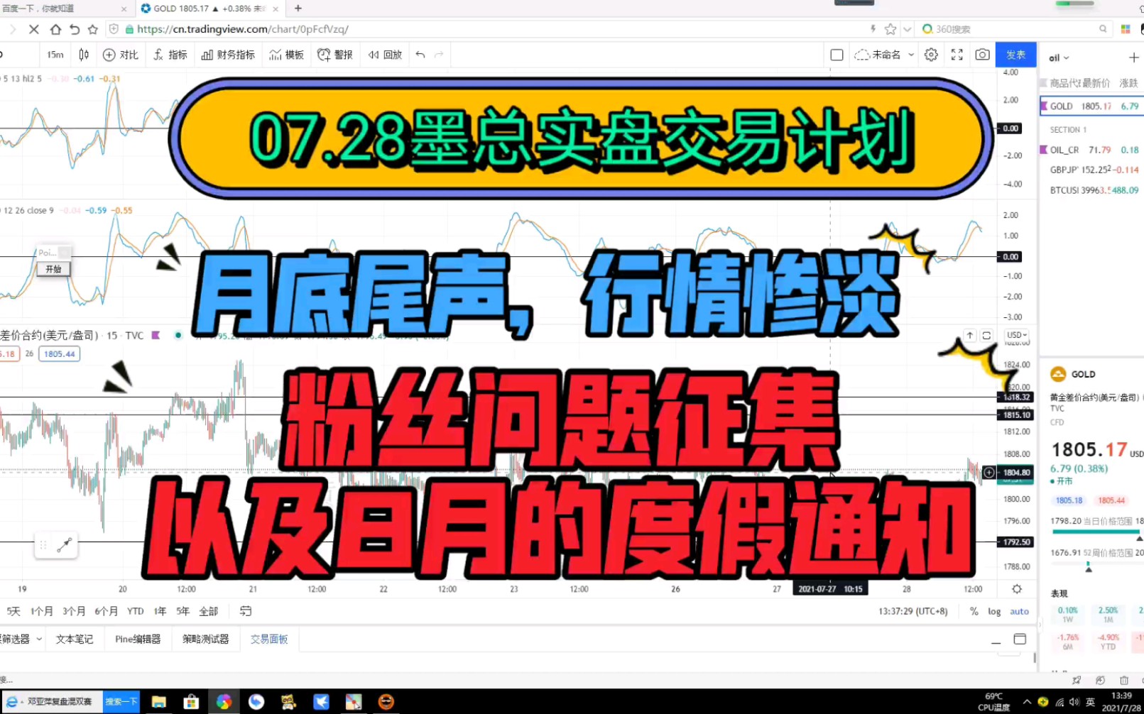 [图]07.28墨总实盘交易计划——粉丝问题征集以及8月视频录制变动通知，月底行情惨淡，均保持之前看法，等待行情分方向