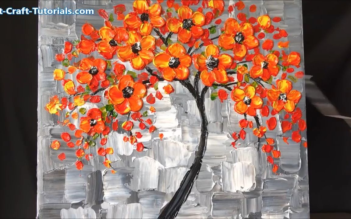 [图]Challenge 11 Paint a Red tree flowers Acrylic Painting with A SPOON