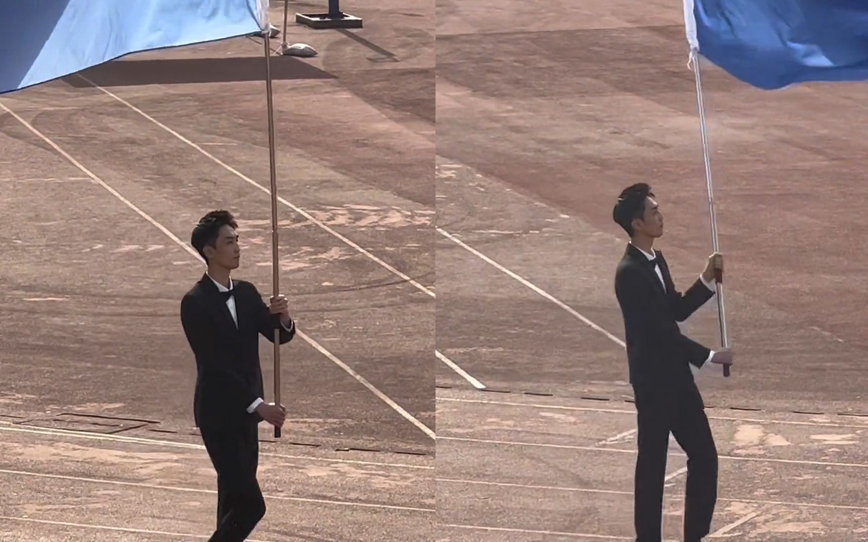 运动会开幕式男生举旗登场,身材超好长着双大长腿,镜头一转沸腾