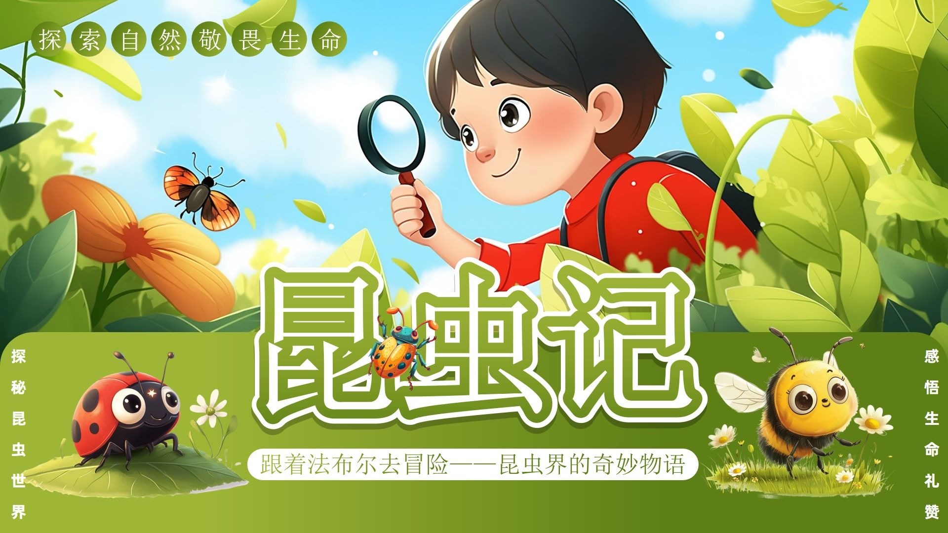 绿色插画风昆虫记教育主题ppt模板,27页,内容完整改改就用