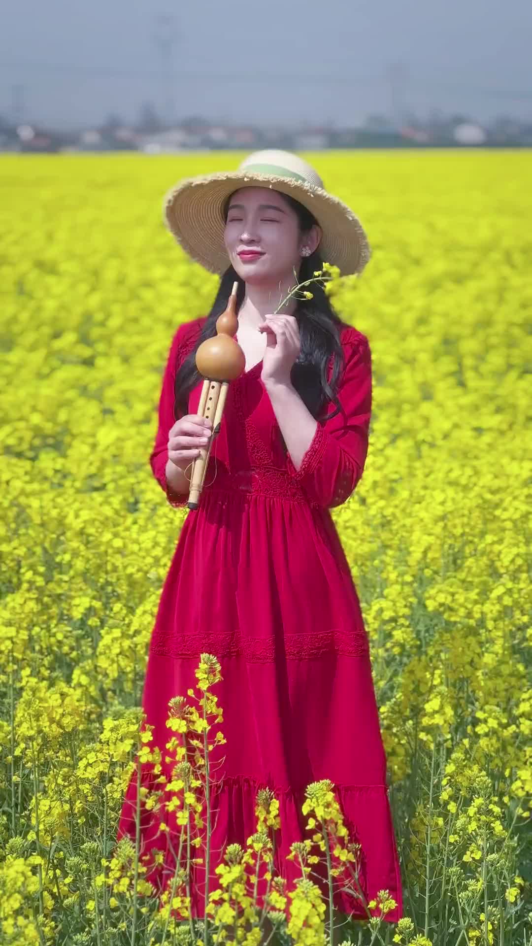 气质美女油菜花地里来一曲葫芦丝演奏心相印手牵手葫芦丝葫芦丝演