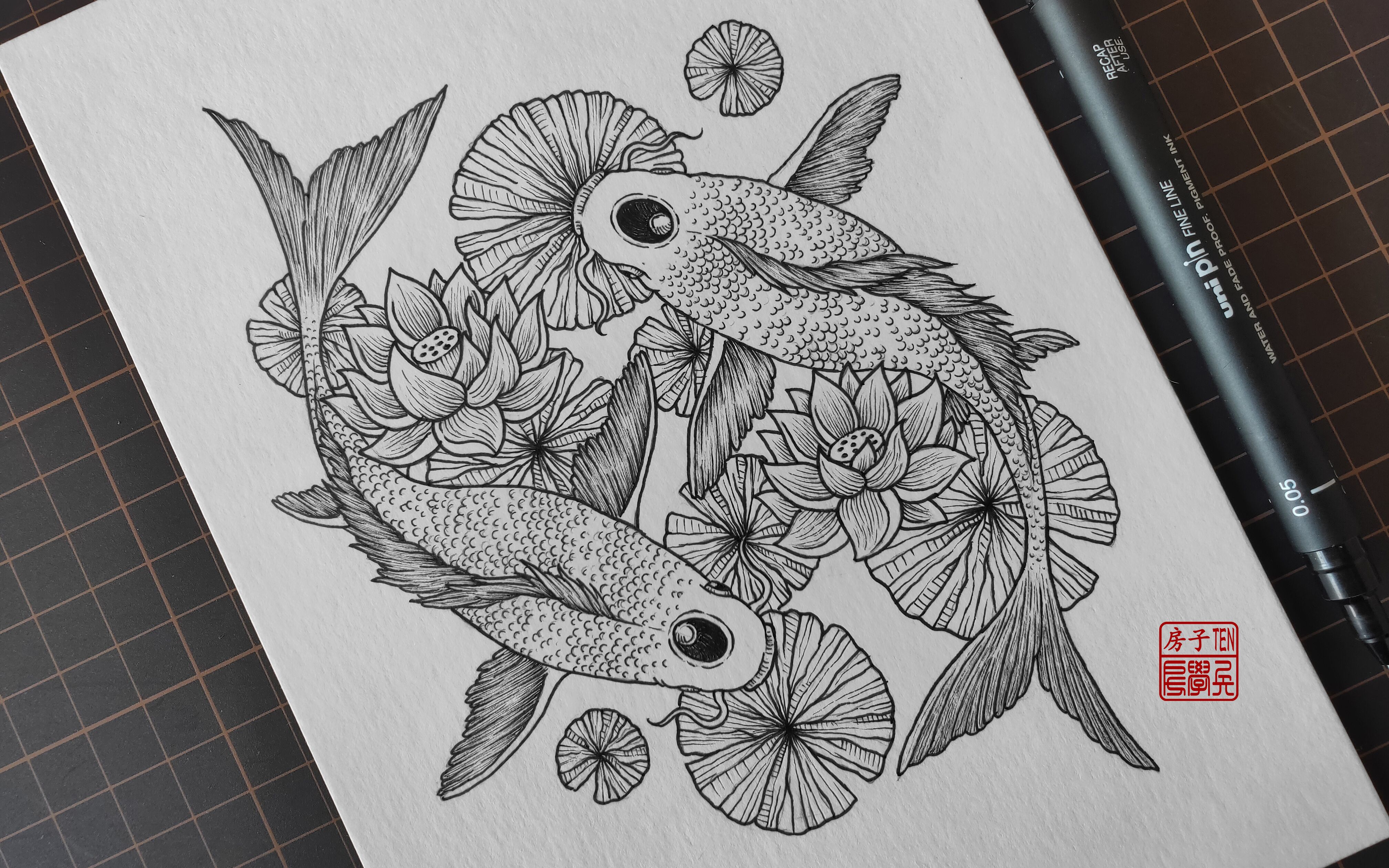 【手绘】把莲花和鱼画到一张纸上,简单又漂亮