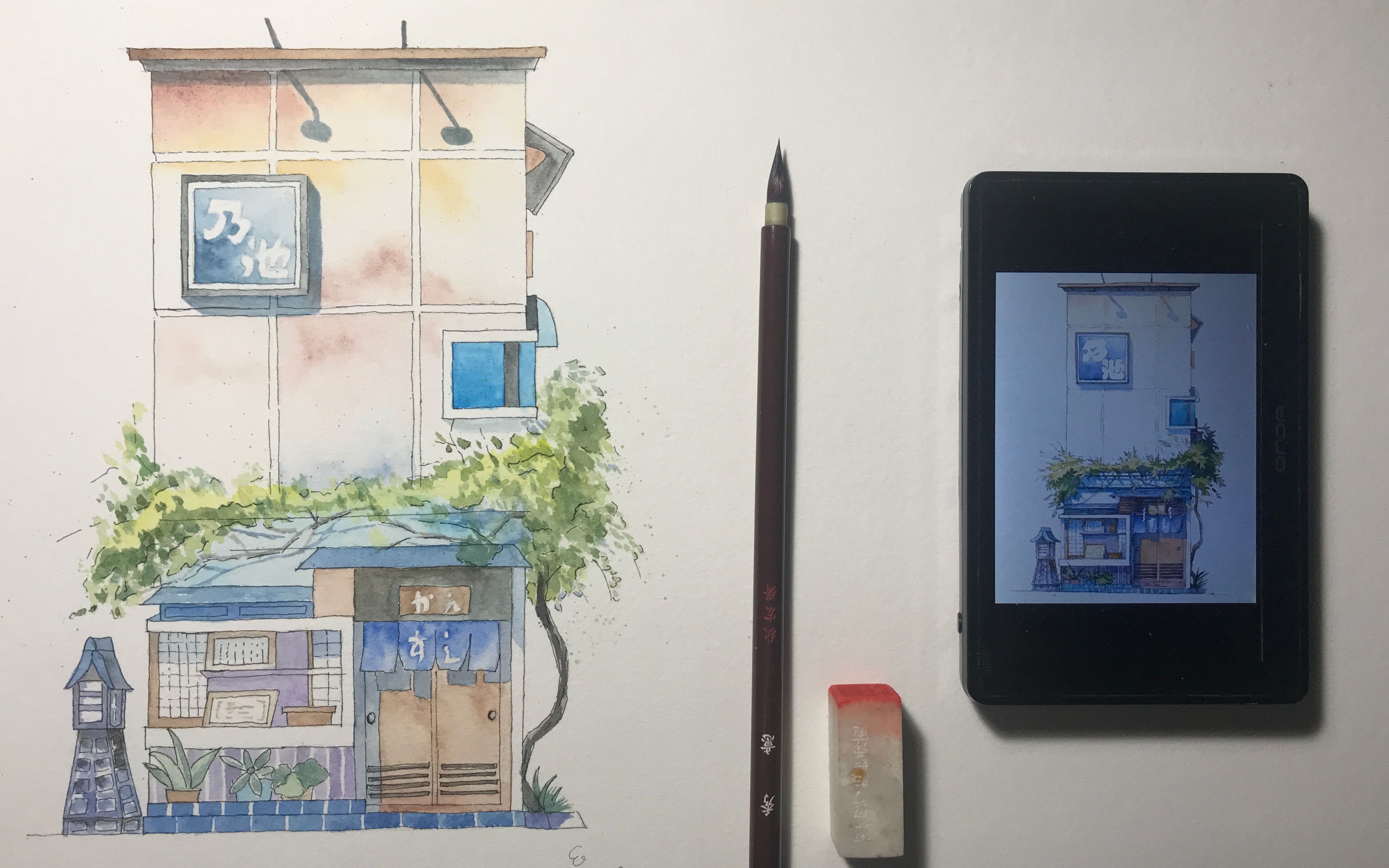 水彩小白的初次投稿--乃池日式小屋