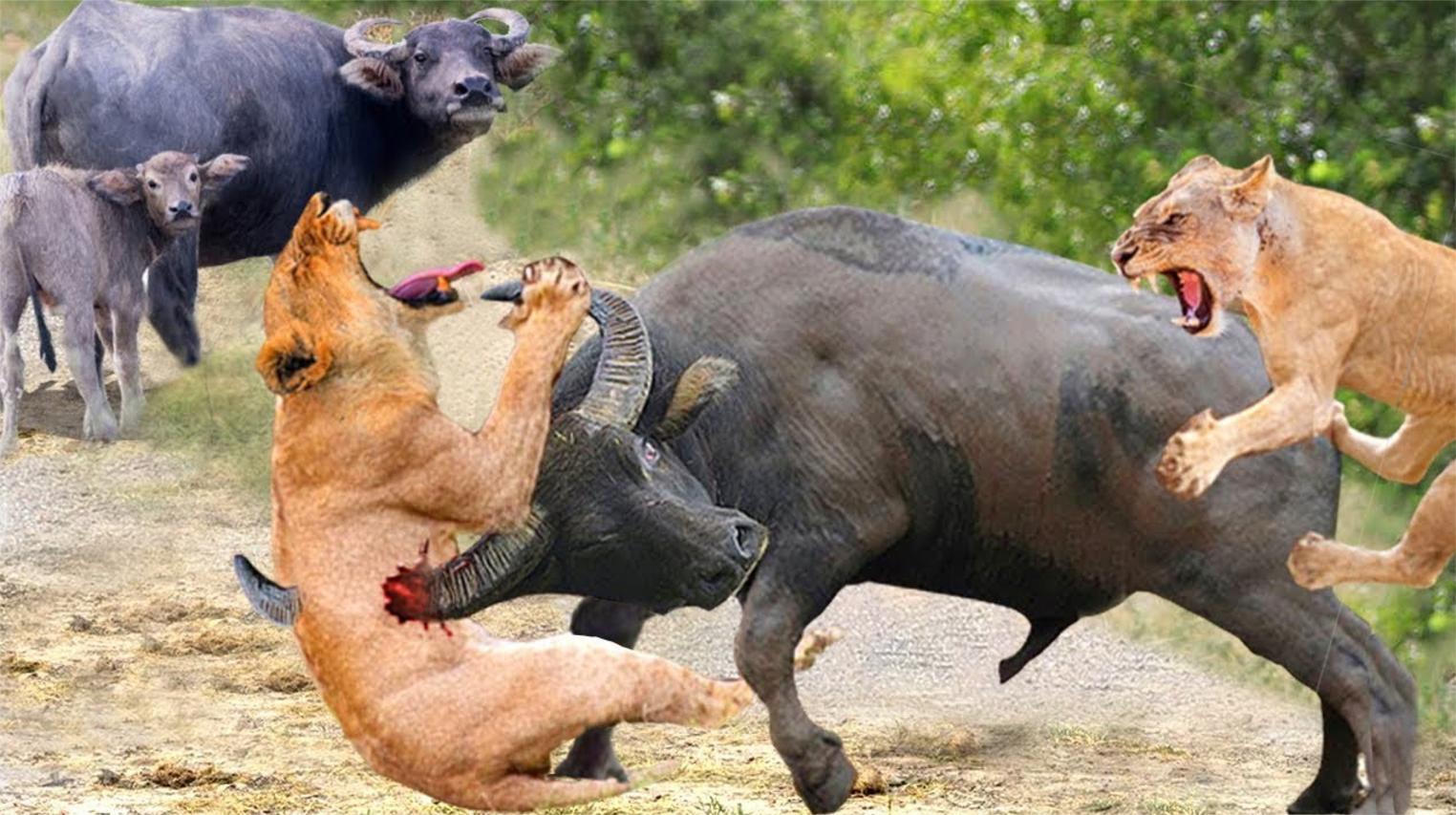 狮子被猎物杀死-狮子受到水牛群鳄鱼的猛烈攻击2022!