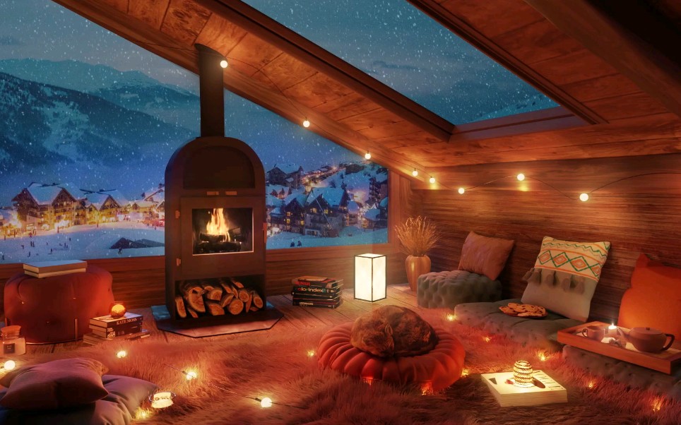 白噪音下雪天有猫猫陪伴的温馨小屋风雪声壁炉声