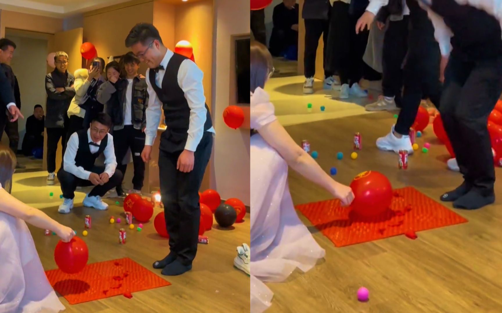 伴郎和伴娘玩指压板踩气球,次次跳起巧妙躲避,俩人800个心眼子