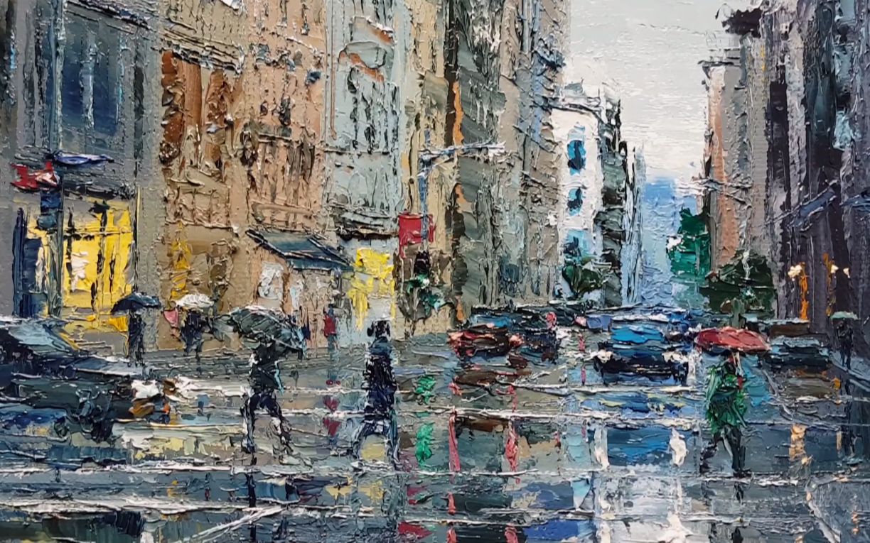 雨中巴黎街道油画图片