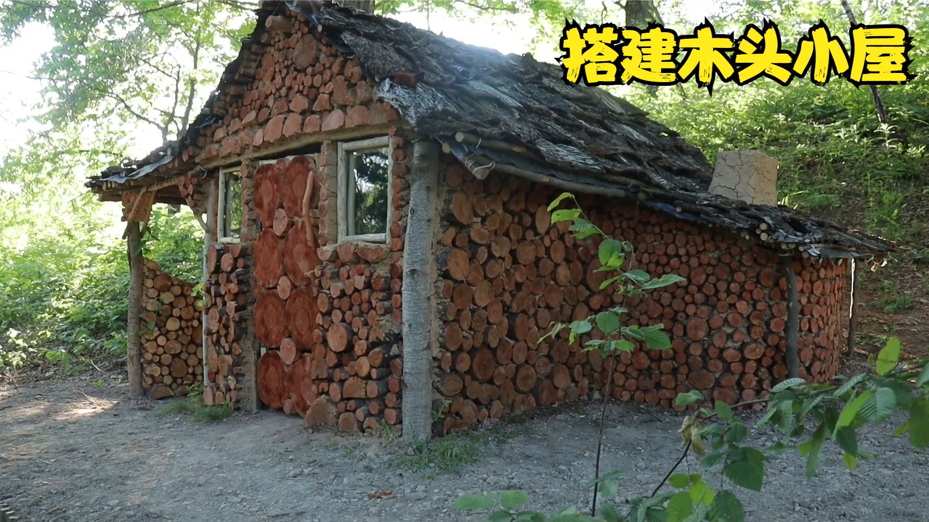 牛人荒野露营,用木头搭建一个小屋,各种用品一应俱全哔哩哔哩bilibili