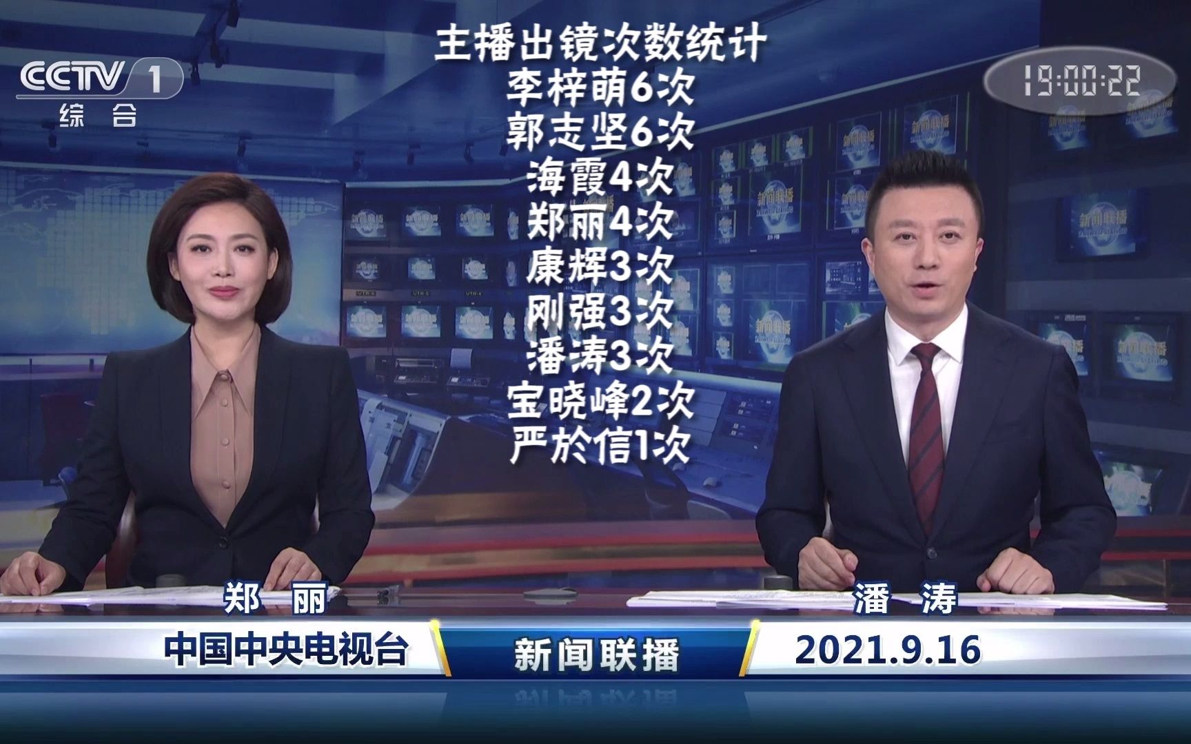 2021年9月份新闻联播主播出镜记录