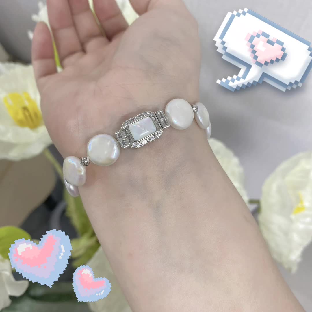 复古风 纽扣珍珠手链,天然淡水纽扣珍珠,极光无暇,搭配母被扣