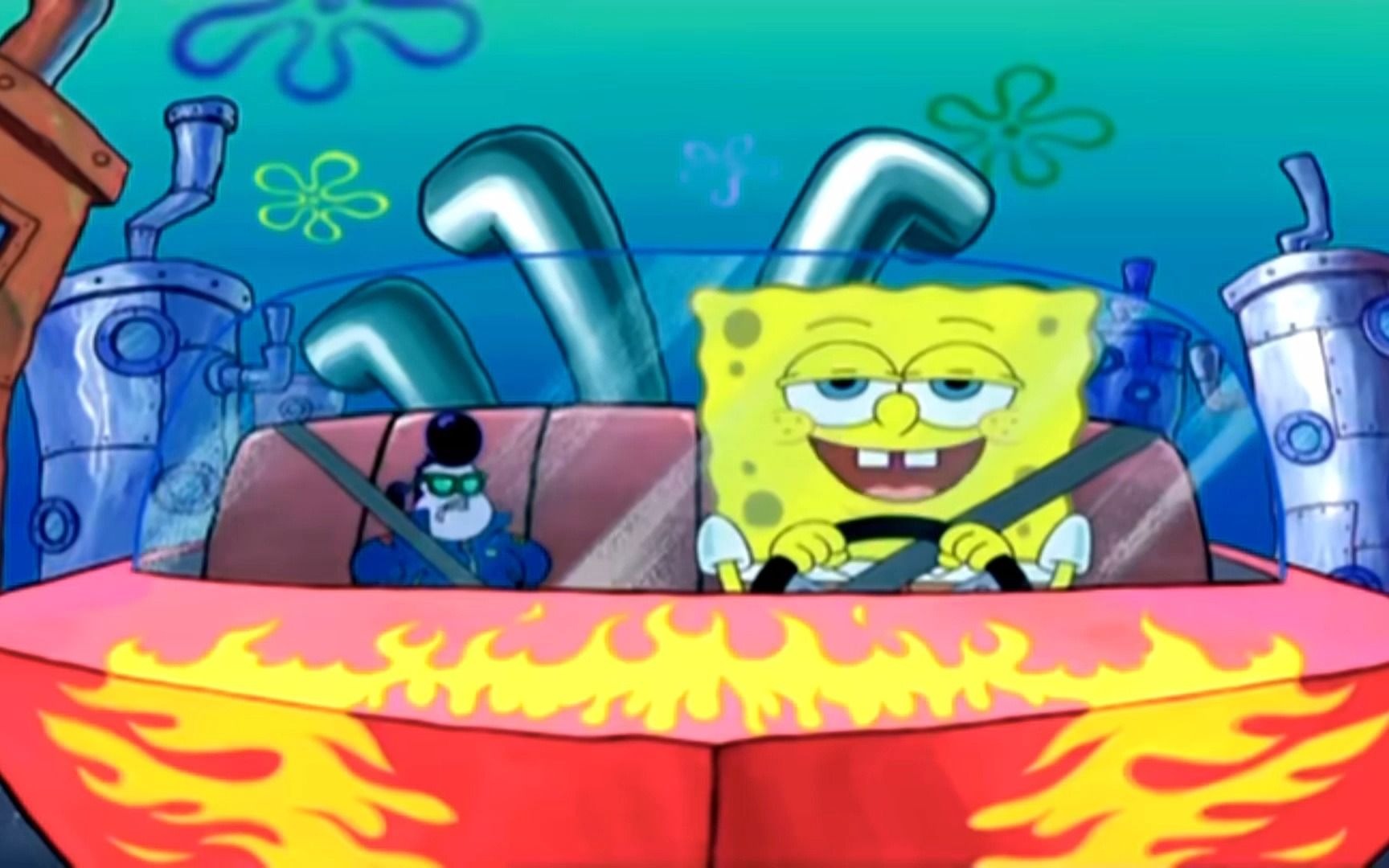 海绵宝宝刚学会开车,就成了赛车手,在路上狂飙!