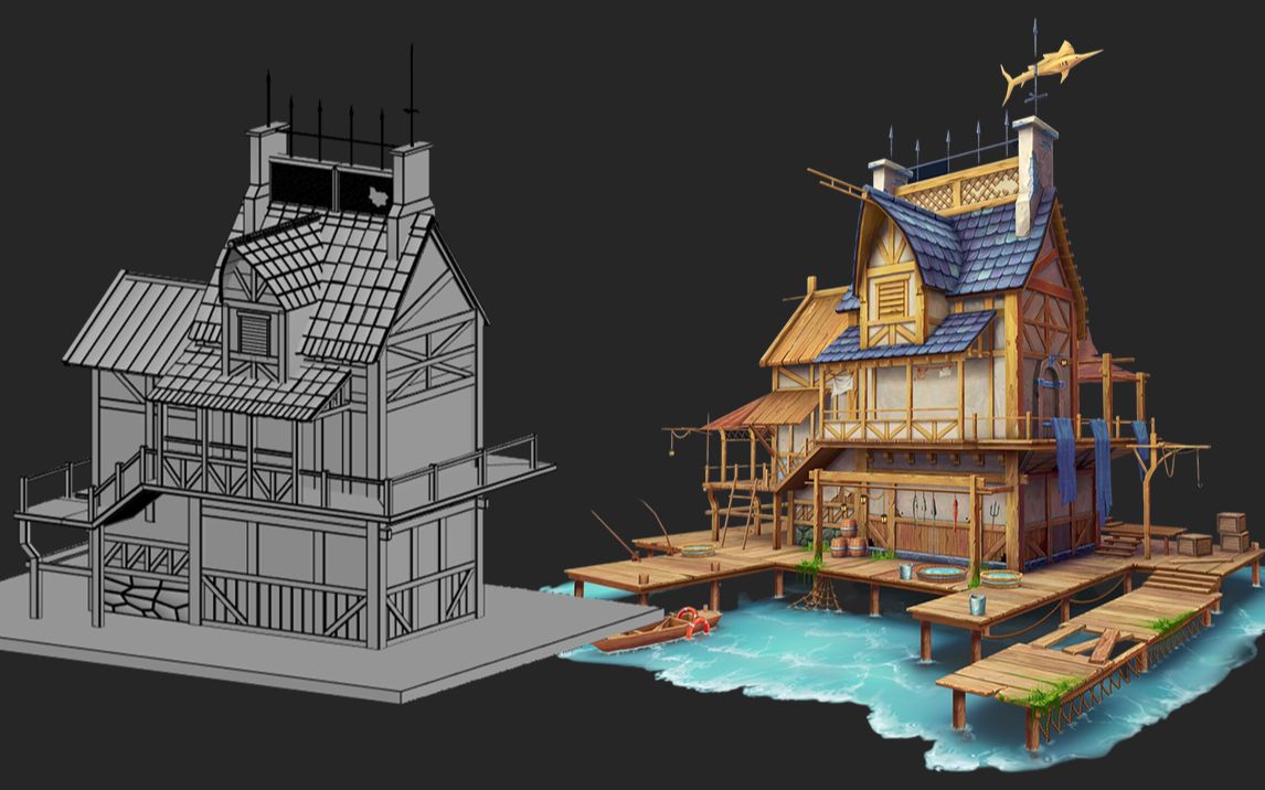 3dmax游戏场景水上木房建模,零基础布线思路 光速掌握模型制作技巧