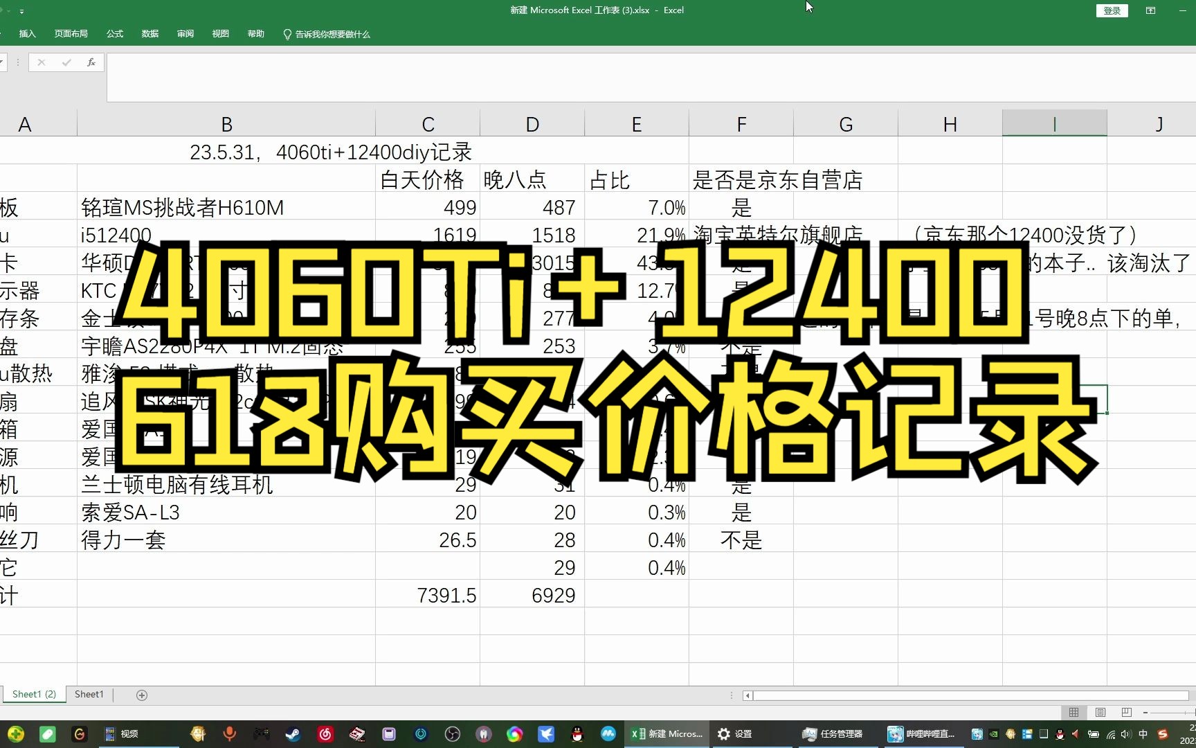 3015入的华硕自营双风扇4060ti, 附自营店618全套散件购买记录哔哩哔哩bilibili