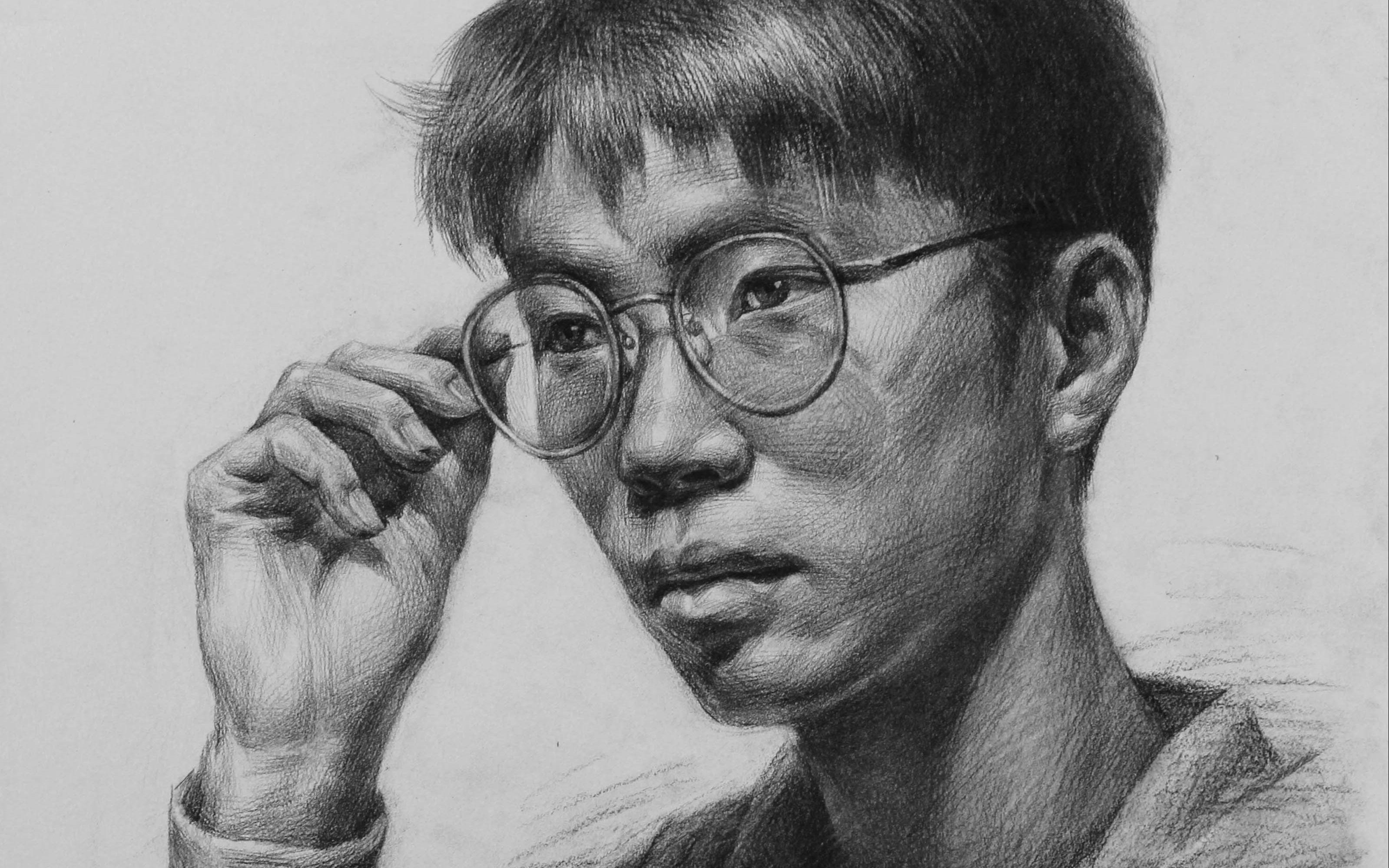 手扶眼镜四分之三男青年素描头像带手~作者刘云鹏