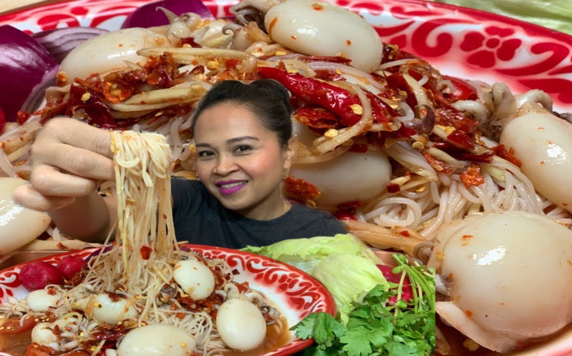 吃香辣鱿鱼拌面mukbang