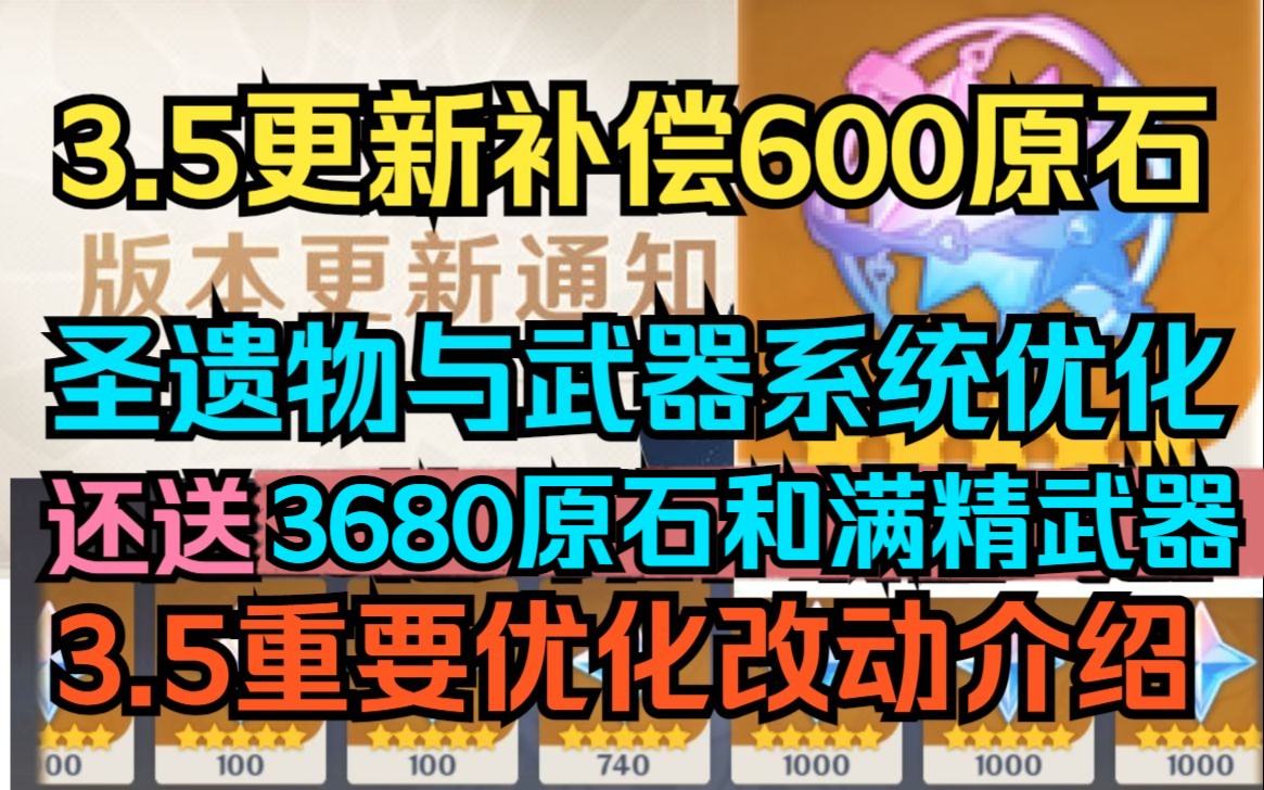 [图]【原神】3.5更新补偿600原石！圣遗物与武器系统优化！还送3680原石和满精武器！3.5重要优化改动介绍！