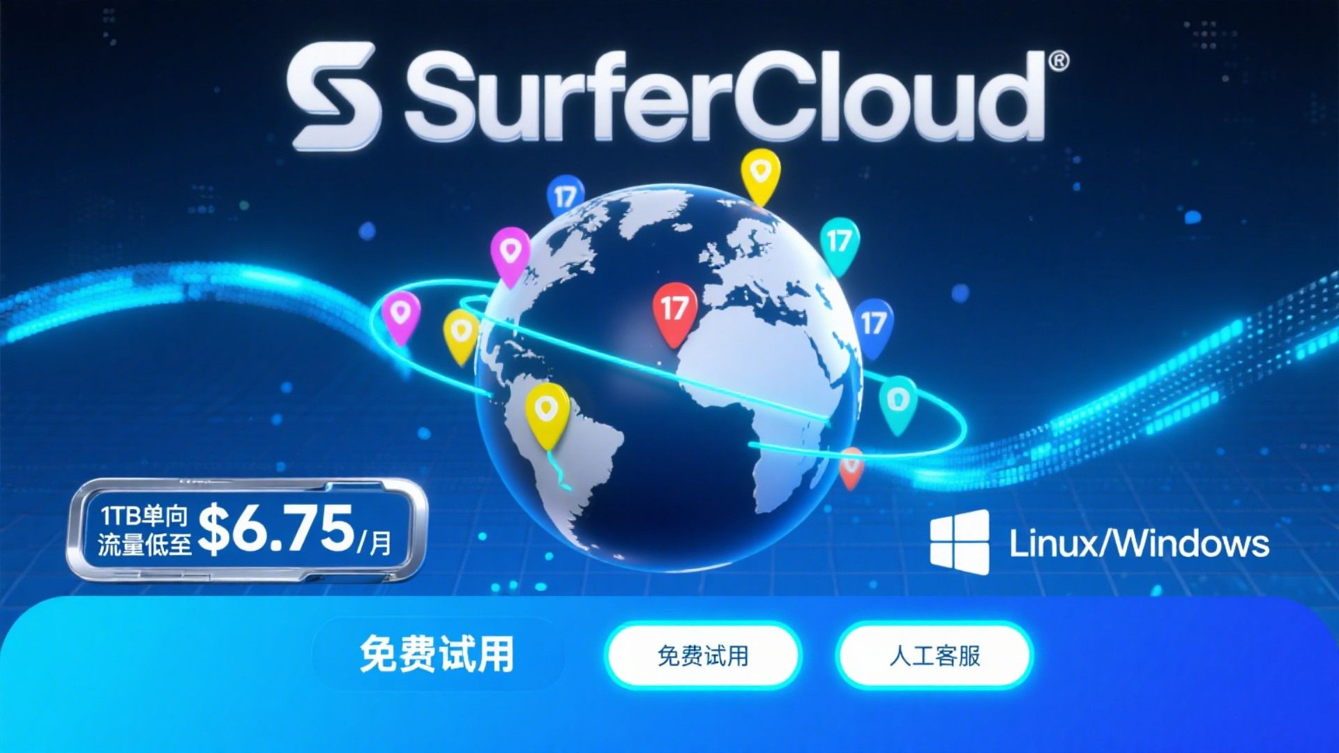 SurferCloud全球云服务器 覆盖17机房 1TB单向月流量低至$6.75/月 Linux/Windows 免费试用 人工客服