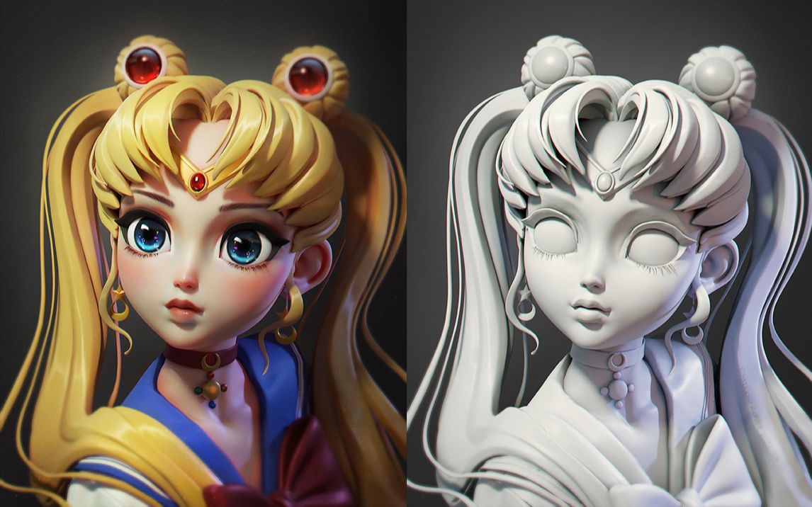 【3d人物建模】"美少女战士"水冰月手办雕刻,zbrush角色模型雕刻教程