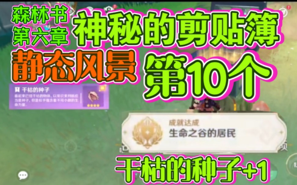 静态风景 神秘的剪贴簿/第10号宝箱位置/第十张图片宝箱/森林书第六章/宝藏点位/森林书/原神3.0须弥/须弥世界任务/生命之谷居民/隐藏成就/干枯的种子
