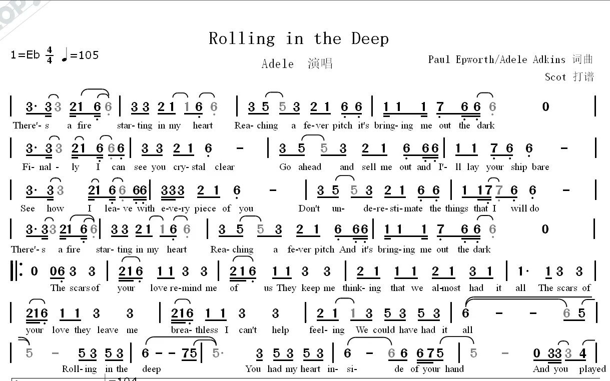 [图]Rolling in the Deep（Adele-阿黛尔演唱）--动态简谱