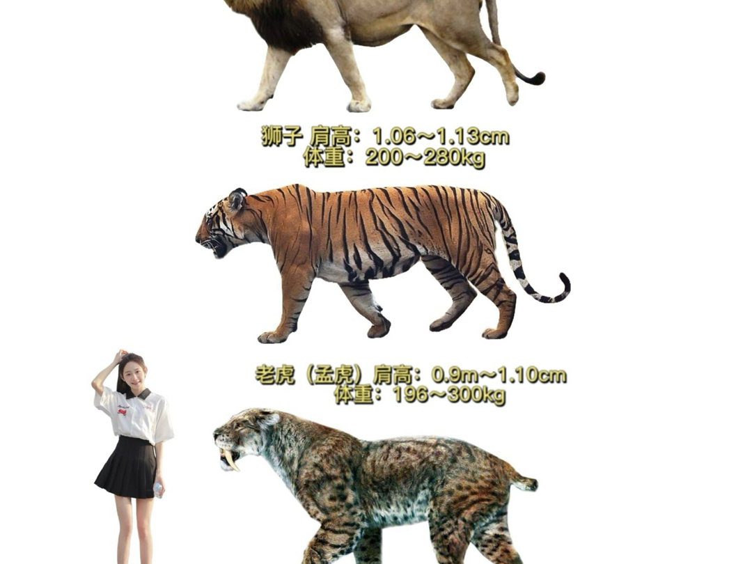 老虎狮子致命刃齿虎体重肩高对比图
