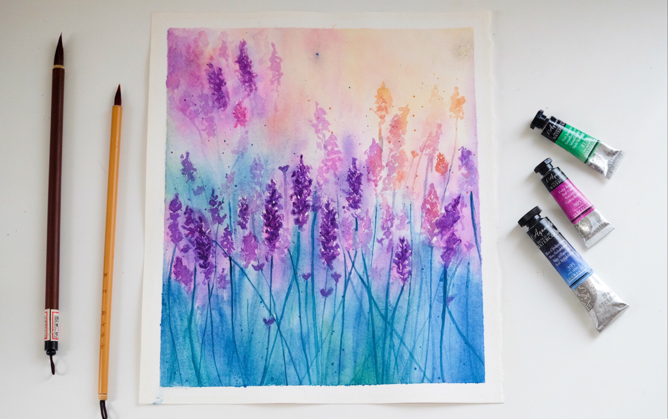 薰衣草水彩全过程花语等待爱情