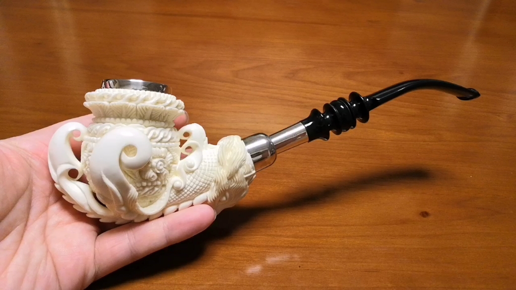 土耳其进口海泡石烟斗,特大号精雕龙爪鹰头花篮925三银插弯斗,ahmet