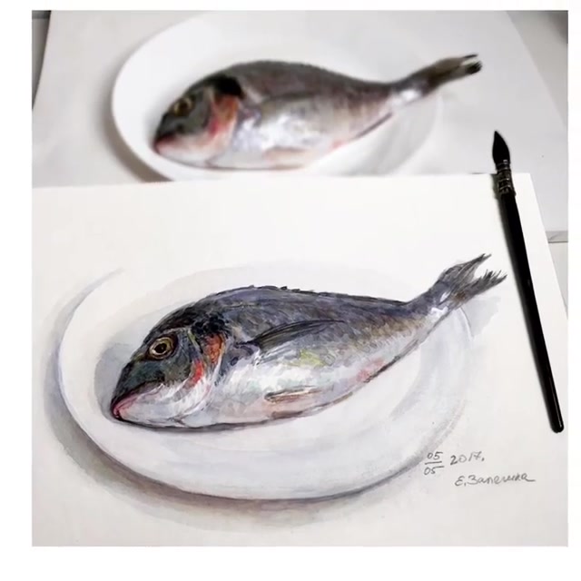 水彩静物鱼