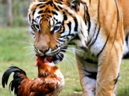 这只鸡就敢和老虎亲密互动,胆子可真够大啊