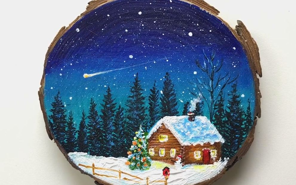 【丙烯】在一块木片上画《圣诞节的夜晚》