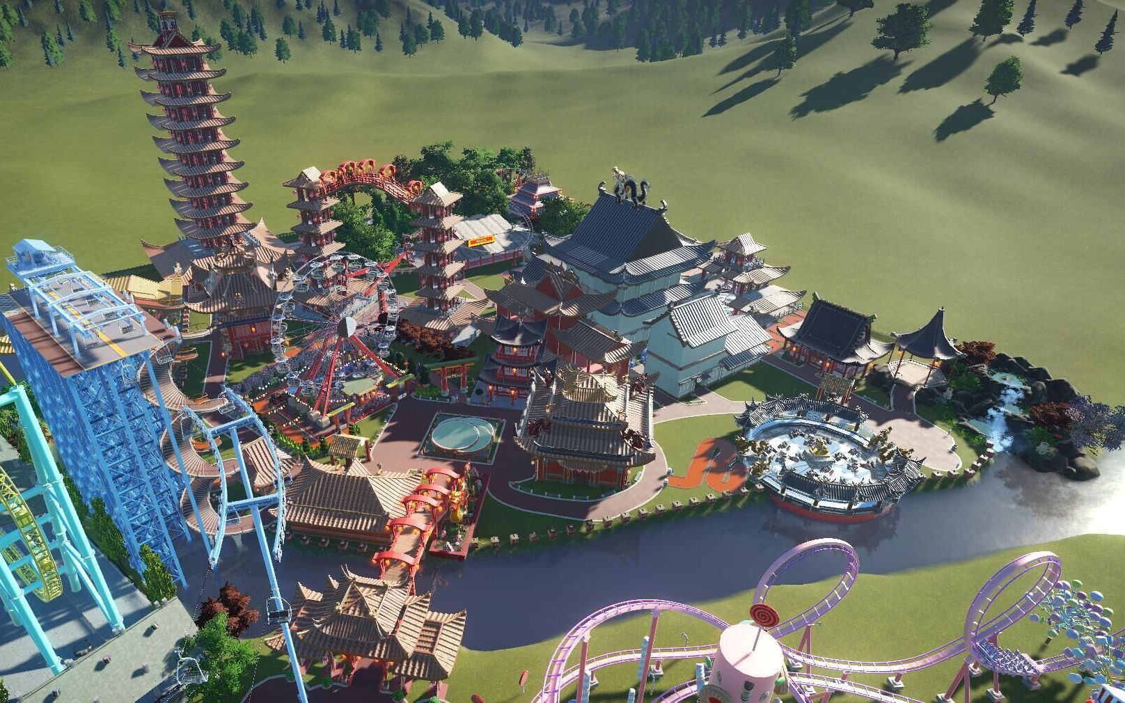 过山车之星沙盒模式从零开始建游乐园第三十小时:给国风区加设备风景