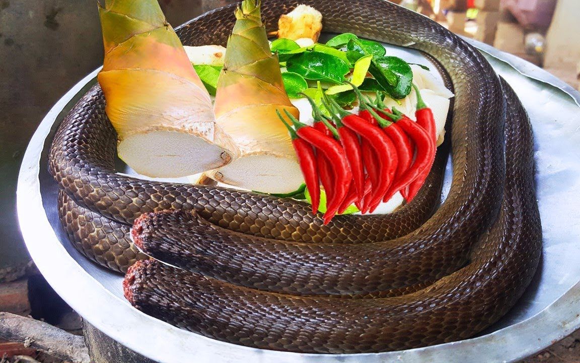 柬埔寨姐弟砍蛇头煮蛇汤,美滋滋