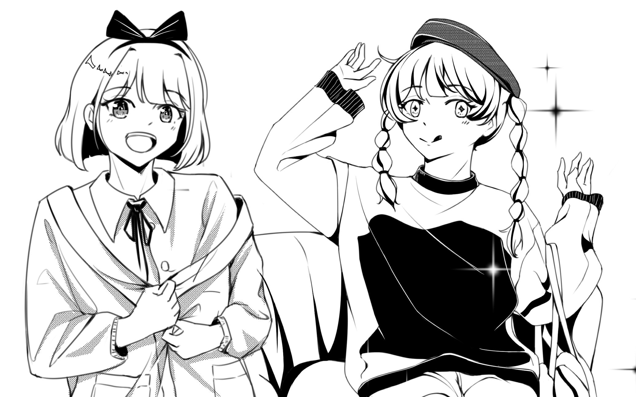 【黑白练习】画两个可爱的甜妹!