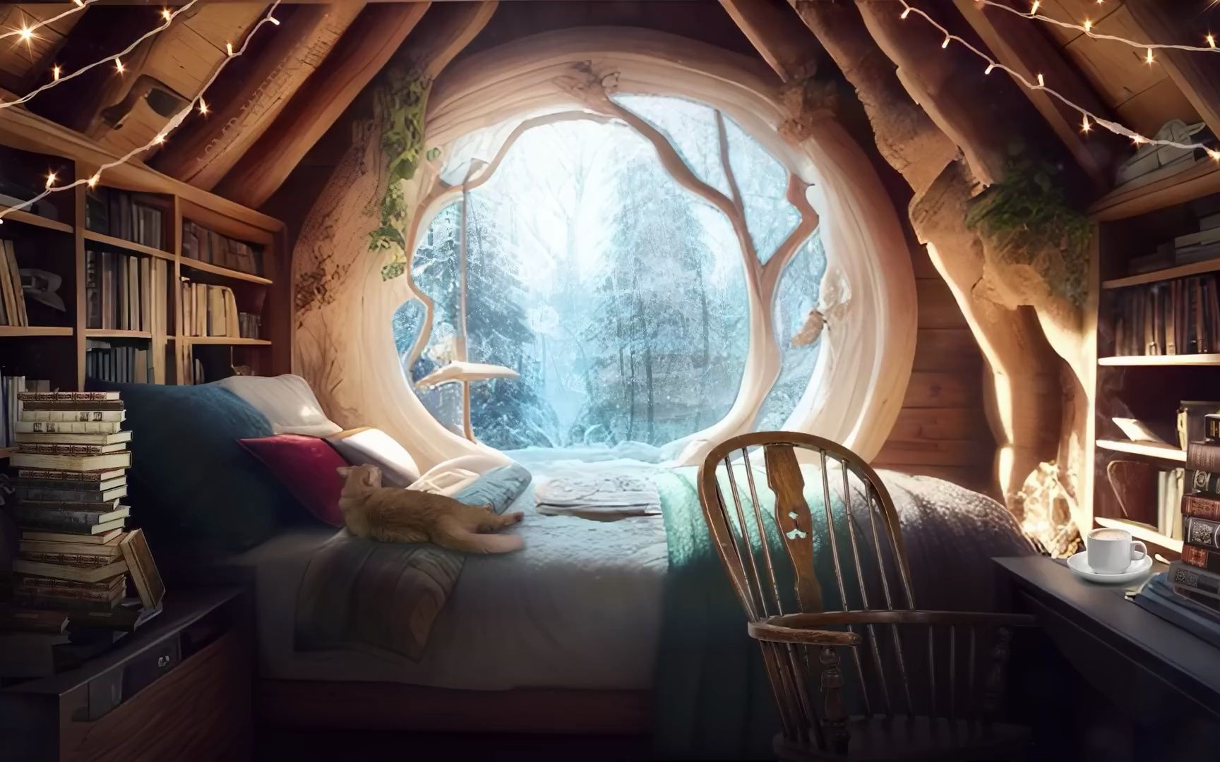 【白噪音】舒适的森林小屋 7615 窗外美丽的雪景 猫呼噜声 壁炉烧