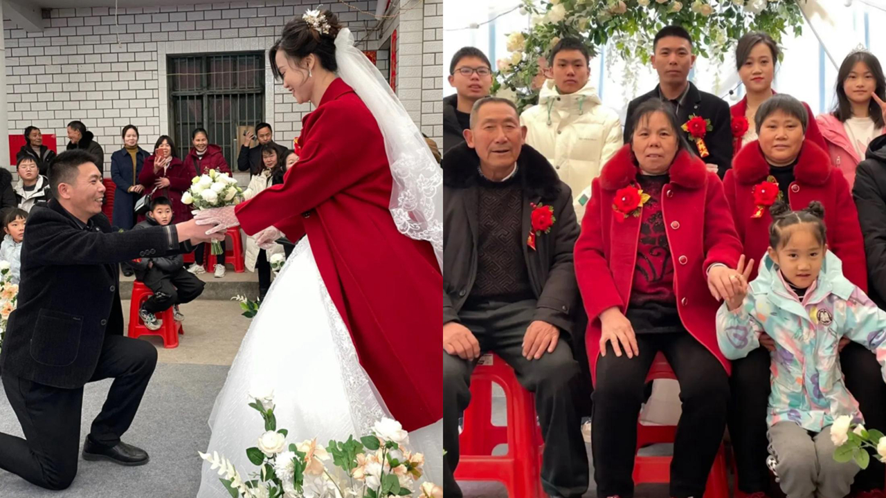 二婚夫妻办婚礼,新郎儿子主持新娘女儿送戒指,6名子女同见证