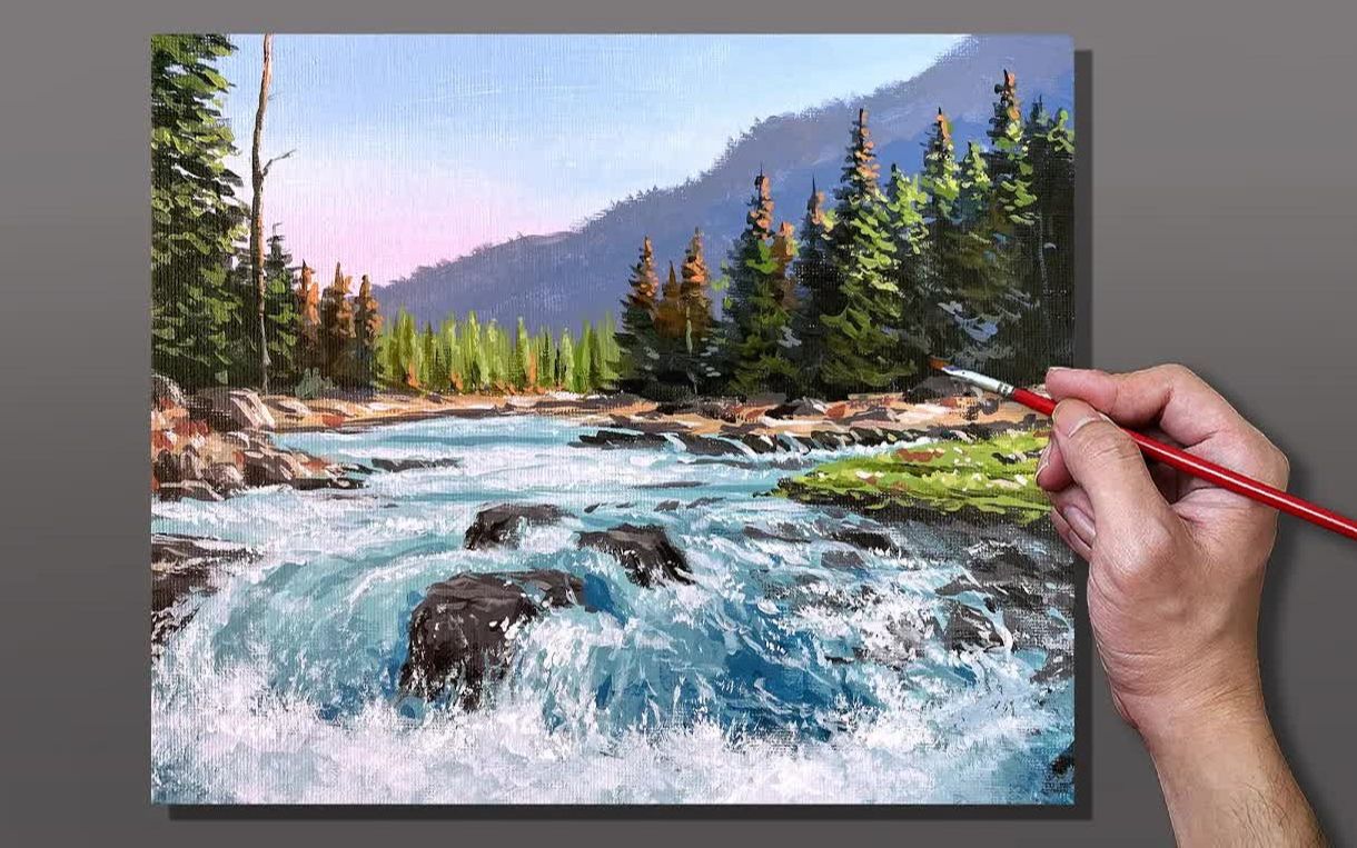 【丙烯画】【绘画教程】【中字】岩石间的小溪-acrylic painting
