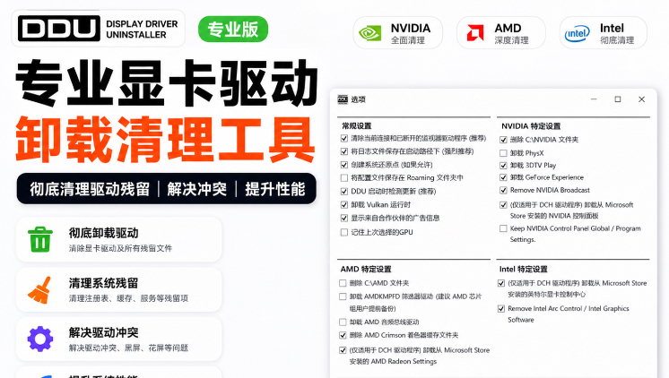 【干货满满】DDU一款专业显卡驱动卸载软件,可彻底清理NVIDIA、AMD和Intel显卡驱动及残留文件,解决驱动冲突和系统性能问题。全网最优版本~