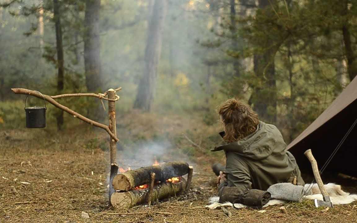 [图]【睡前观看】SOLO BUSHCRAFT独自在丹麦的松树林露营过夜，制作烹饪料理。