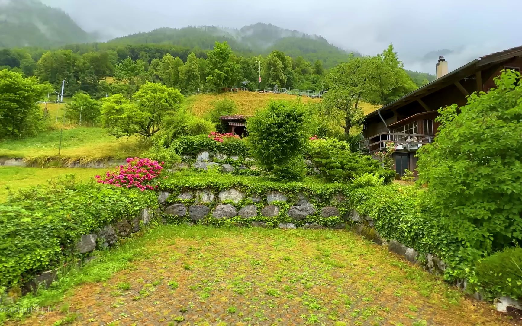 瑞士阿尔卑斯山上的奧伯里德村庄|雨后风景