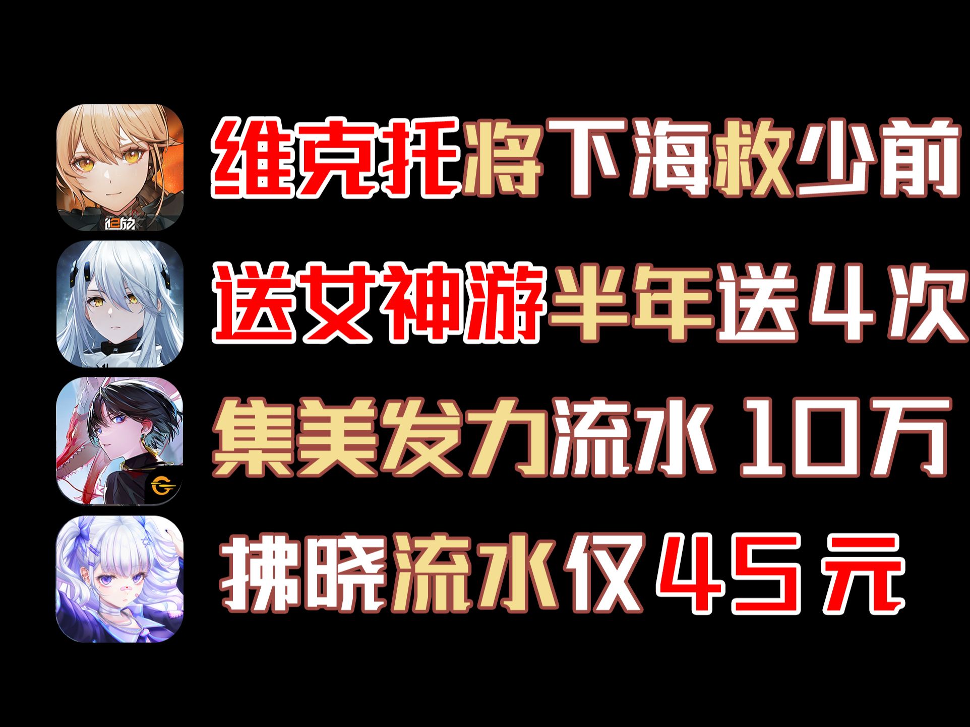 10月08流水!送女神游尘白半年4送女角色!拂晓流水仅45元!归龙潮流水稳定10万!集美发大力!少女前线