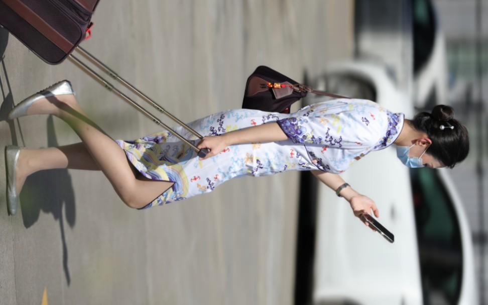 制服灰s旗袍平底鞋丸子头气质美女