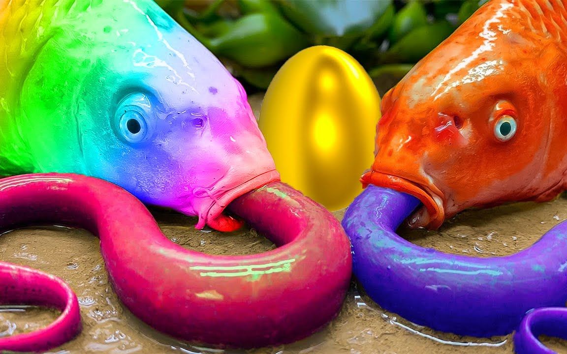 彩色鳗鱼彩虹锦鲤鱼,竹管钓鱼,原始烹饪有趣的视频!