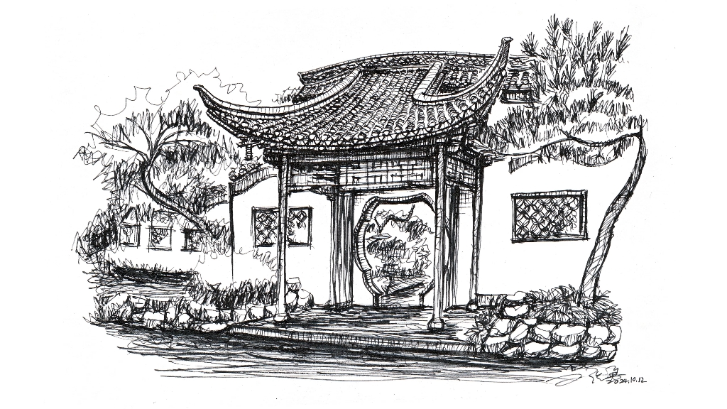 钢笔手绘寿秀湖古典园林070 #钢笔画速写#绘画过程分享#建筑手绘#钢笔