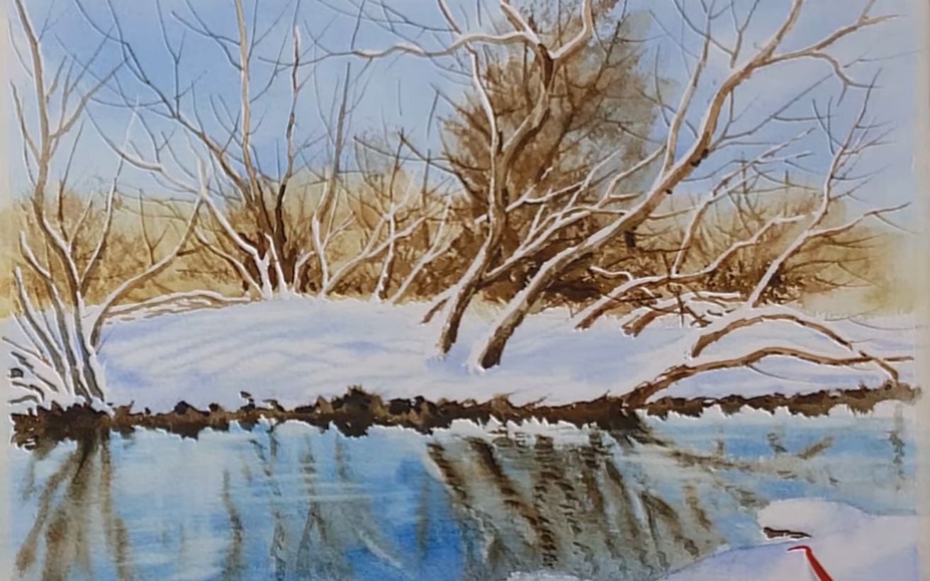水彩画---水面冬景
