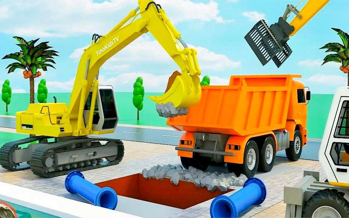 挖掘机动画:挖掘机施工作业,对损坏的管道进行维修