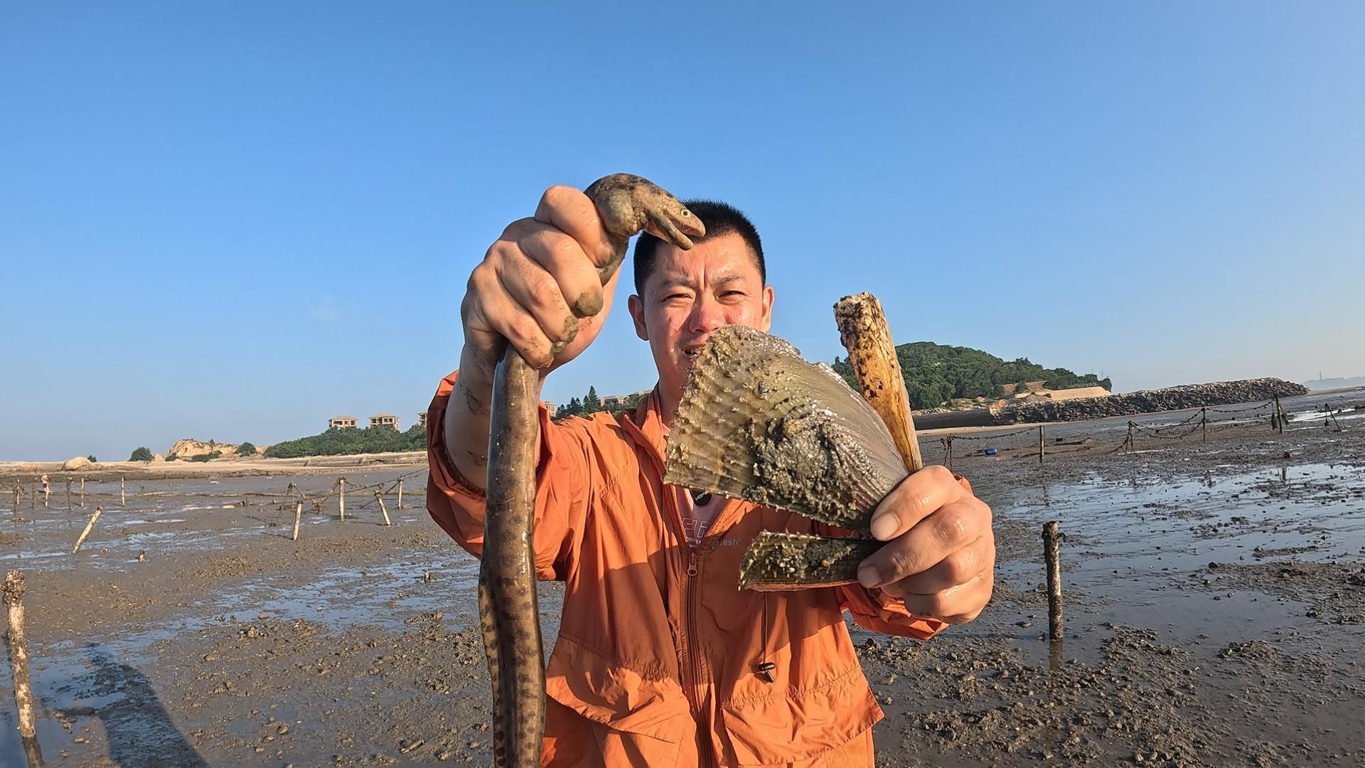 小斗抓到凶猛石头鳗,赶海这么多年都不敢用手抓,回去送给房东吃