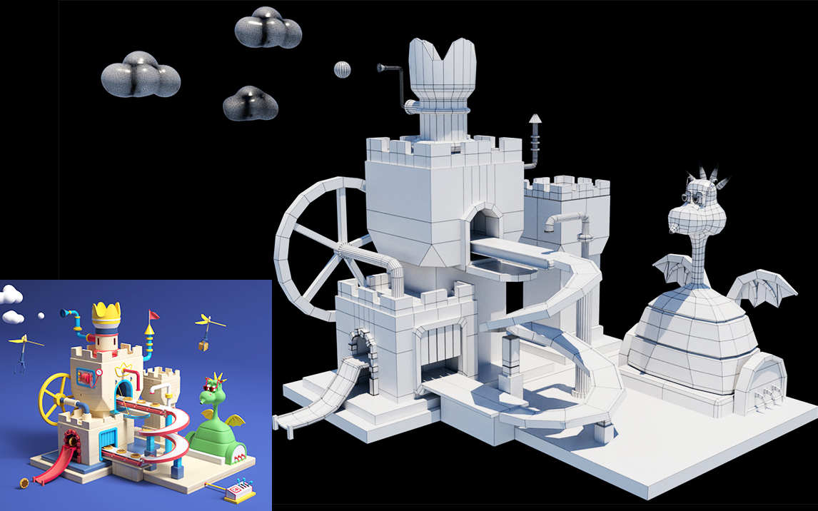 【maya场景建模】卡通"游乐园"场景模型完整教学,模型 展uv 贴图 渲染