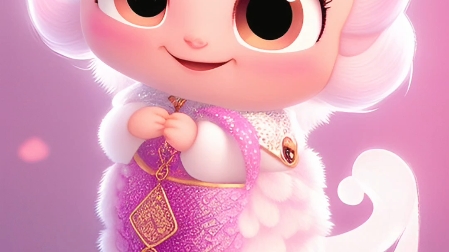 梅花落下,一只超级可爱的小精灵的白色仙猴正在笑,闪闪发光的碎钻石